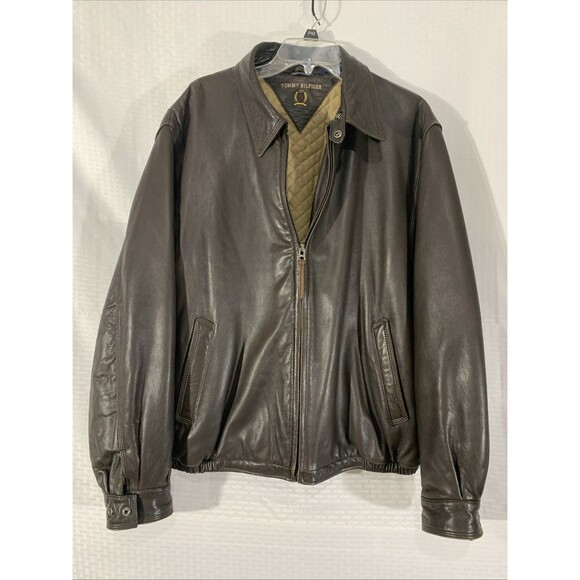 Tommy Hilfiger 100% Brown Leather Bomber Jacket Men's L Coat